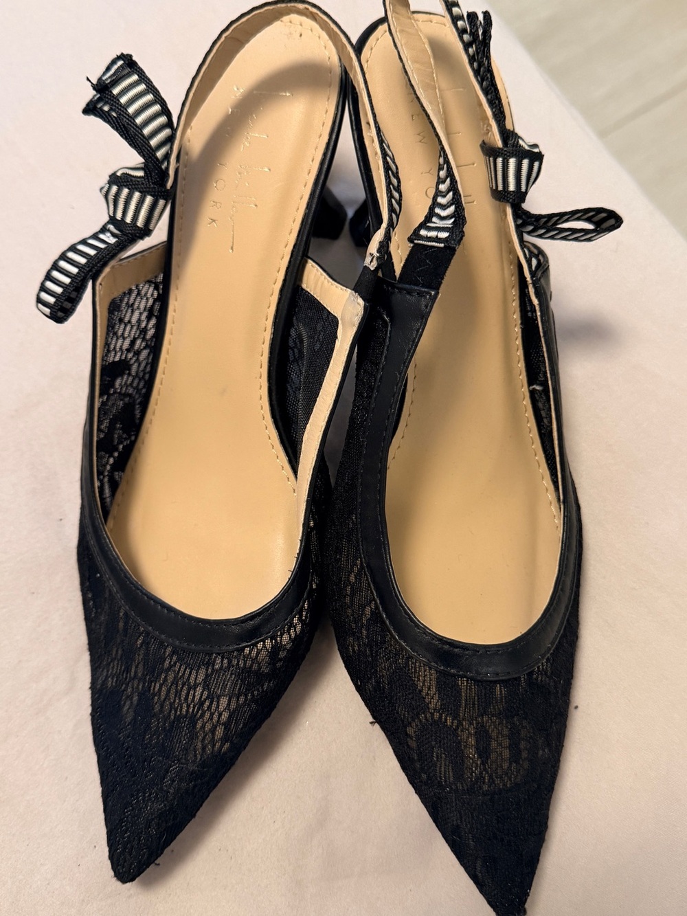 Nicole by Nicole Miller Black Lace Pointed Slingback Heels with Striped Bow